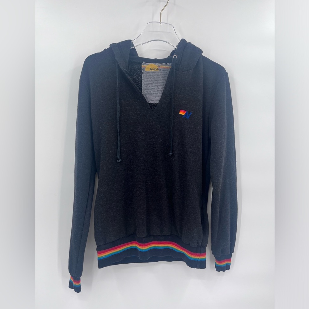 Aviator Nation Rainbow Rib Pullover Drawstring Hoodie Black Unisex M